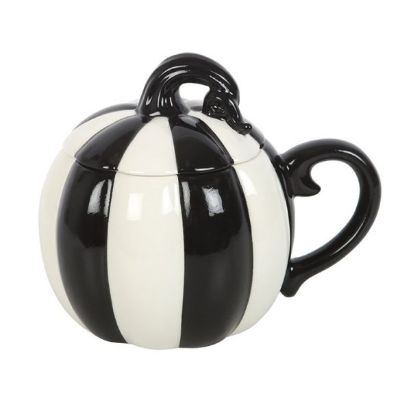 Black and White Striped Pumpkin Lidded Mug - Image 4