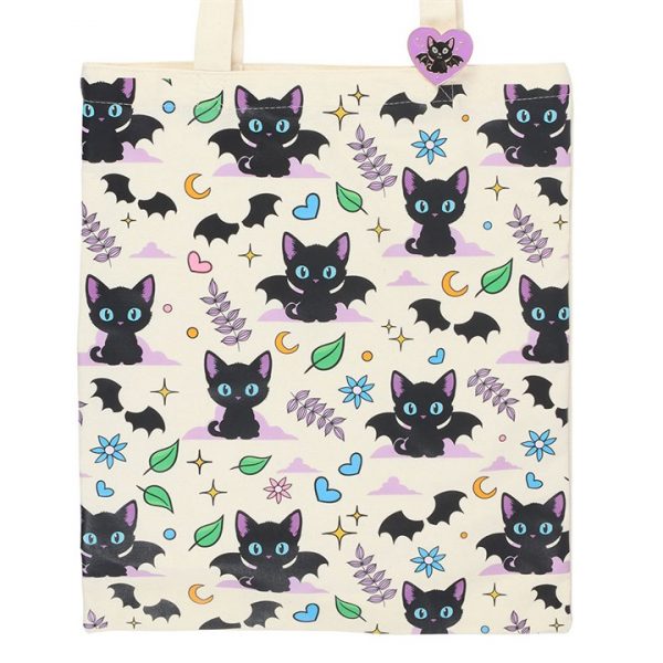 Cute and Creepy Cat Print Polycotton Tote Bag with Enamel Pin - Image 2