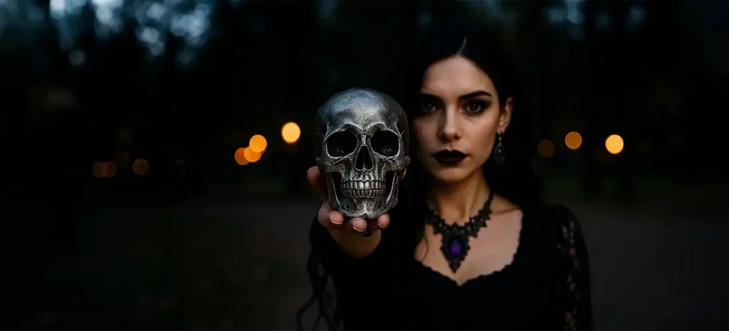 A gothic woman with long dark hair and dramatic makeup holds a metallic skull ornament towards the camera. She wears black lace clothing with a purple gemstone necklace and earrings, standing against a blurred evening background with glowing lights.
