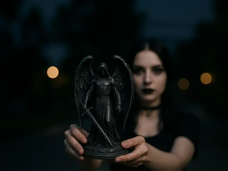 A gothic woman with dark hair holds a hooded angel figurine with wings and a sword towards the camera, set against a blurred night background with glowing lights.