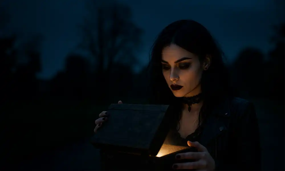A gothic woman with dark hair and bold makeup opens a glowing wooden box at night, the light illuminating her face against the dark surroundings.