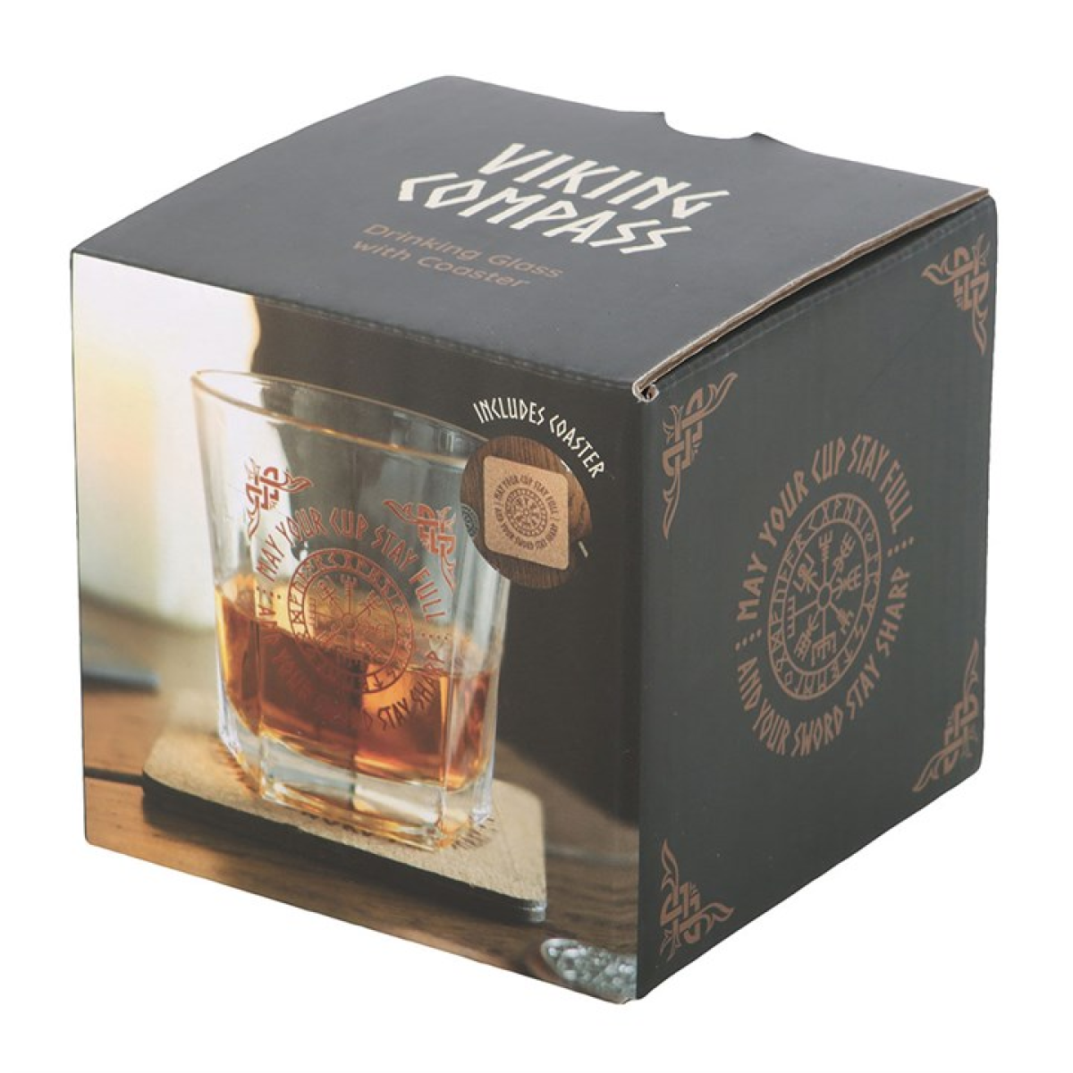 Viking Compass Lowball Drinking Glass with Coaster - Image 4