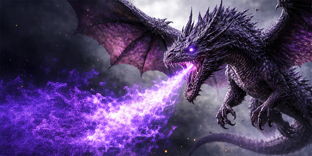 Black dragon with glowing purple eyes breathing purple fire, wings spread, flying in a dark cloudy sky.